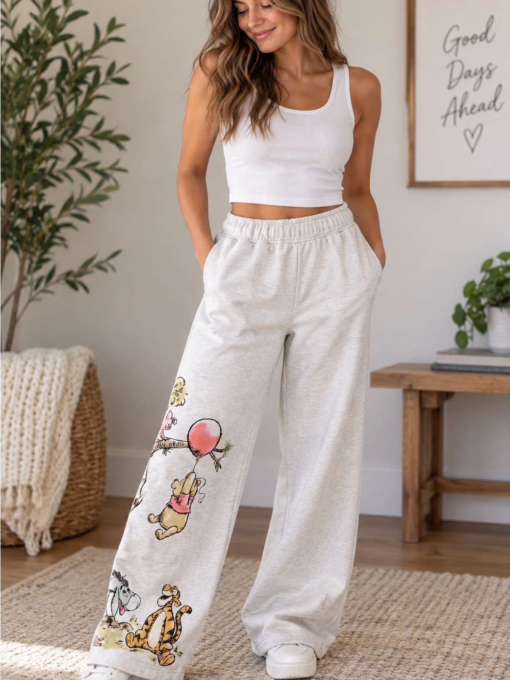 Disney Cream Wide-Leg Joggers with Winnie the Pooh Characters